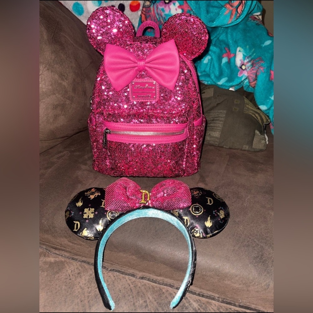 Disney parks Loungefly Magenta hot pink sequin backpack & ears